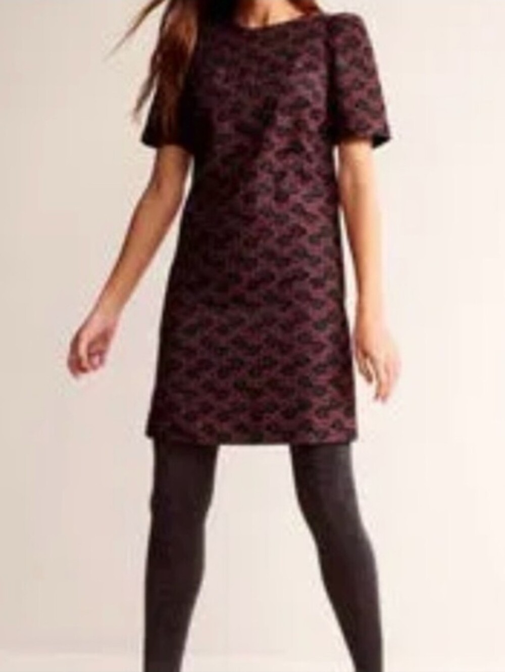 Boden Short-Sleeve Jacquard Dress in Burgundy and Black Pattern - Size 14